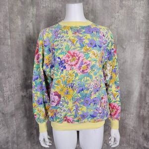 Vintage 90s Retrospective Floral‎ Sweatshirt Colorful Flowers Crew Neck Pullover